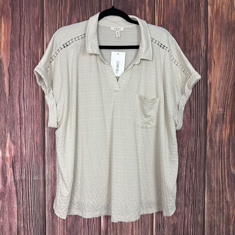 Como Blu Womens Plus Size Top Cream Eyelet Short Sleeve Collared Size 3X NWT